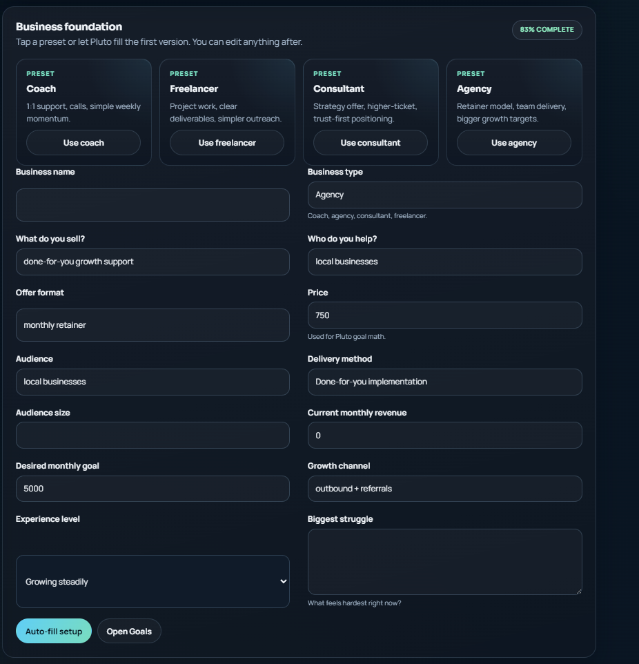 Plutar business foundation screen showing presets, business details, pricing, goals, and setup fields together.